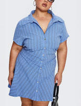 Saydie Button Down Mini Dress Blue Stripe Curve
