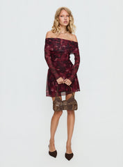 Marrissa Off Shoulder Long Sleeve Mini Dress Burgundy Floral