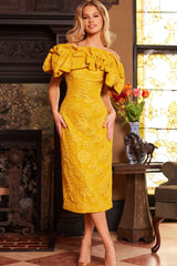 Jovani 23848 Tea Length Ruffle Mustard Formal Dress