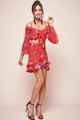 Bellisario Floral Cropped Caribbean Top Red