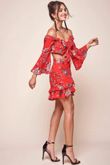 Bellisario Floral Cropped Caribbean Top Red