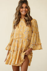 Beatrix High Neck Bell Sleeve Dress Droplet Print Yellow