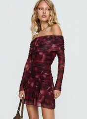 Marrissa Off Shoulder Long Sleeve Mini Dress Burgundy Floral