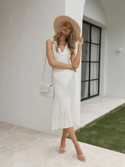 BENDITA PERFORATED KNIT COLLARED MIDI DRESS - CREAM