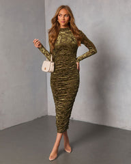 Saving Grace Ruched Flocked Velvet Midi Dress