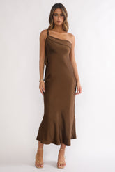 Carmel One-Shoulder Sash Maxi Dress Chocolate