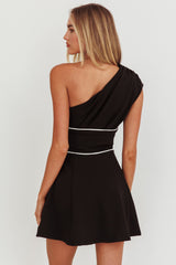 Carissa One-Shoulder Piping Mini Dress Black