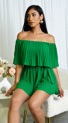 Jazmin Off Shoulder Pleated Romper - Green