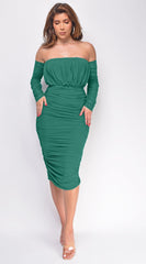 Annora Mesh Long Sleeve Ruched Midi Dress - Green