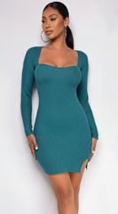 Arsenie Long Sleeve Sweater Ribbed Side Slit Mini Dress - Green