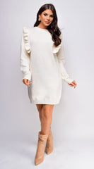 Juno Long Sleeve Ruffle Detail Sweater Mini Dress - Ivory