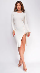 Sophina Off White Long Sleeve Ribbed Side Slit Midi Dress