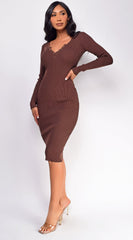 Aura Button Ribbed Midi Dress - Brown