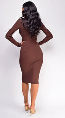 Aura Button Ribbed Midi Dress - Brown