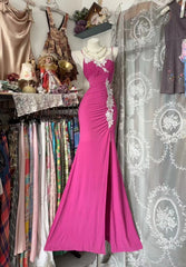 Charming Prom Dresses Mermaid Spaghetti Strap Hot Pink With Slit Long Evening Outfits N3596