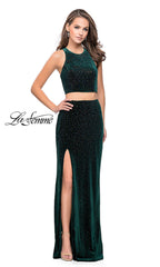 Open-Back Two-Piece Beaded Velvet Prom Dress