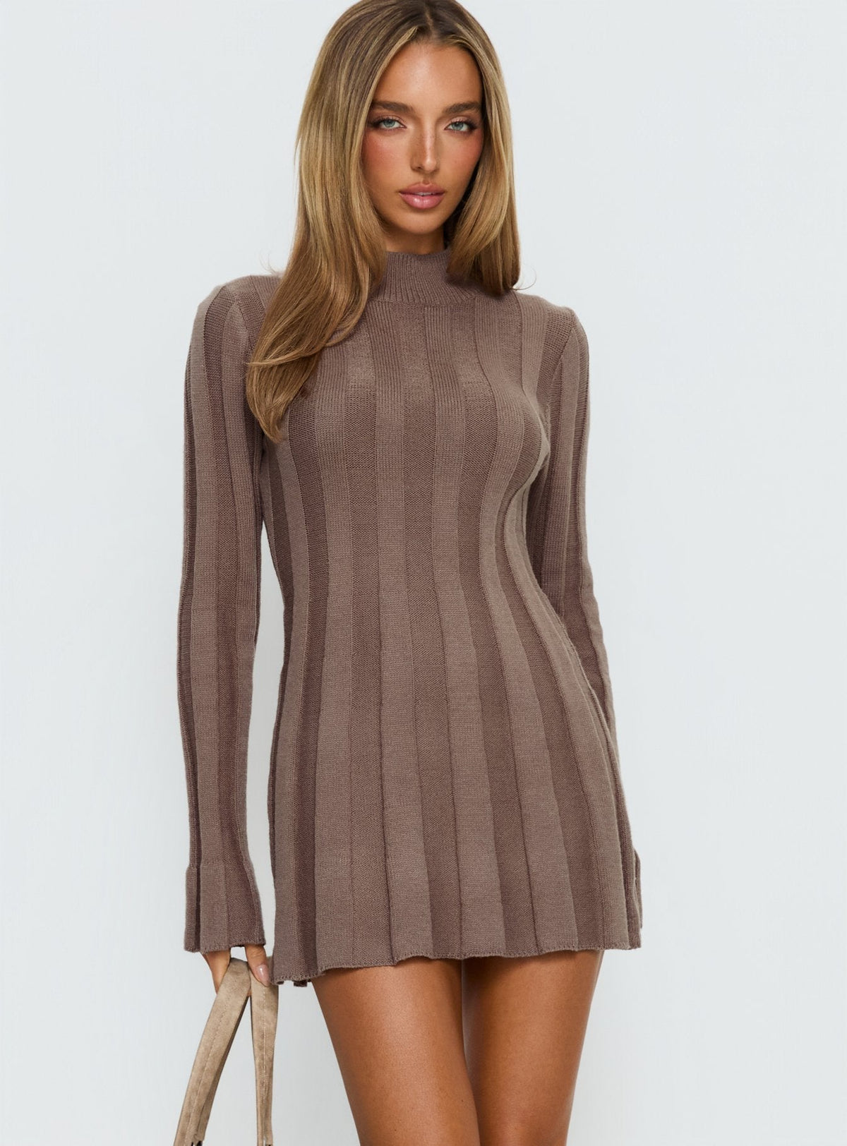 Carlee Rib Long Sleeve Mini Dress Mocha