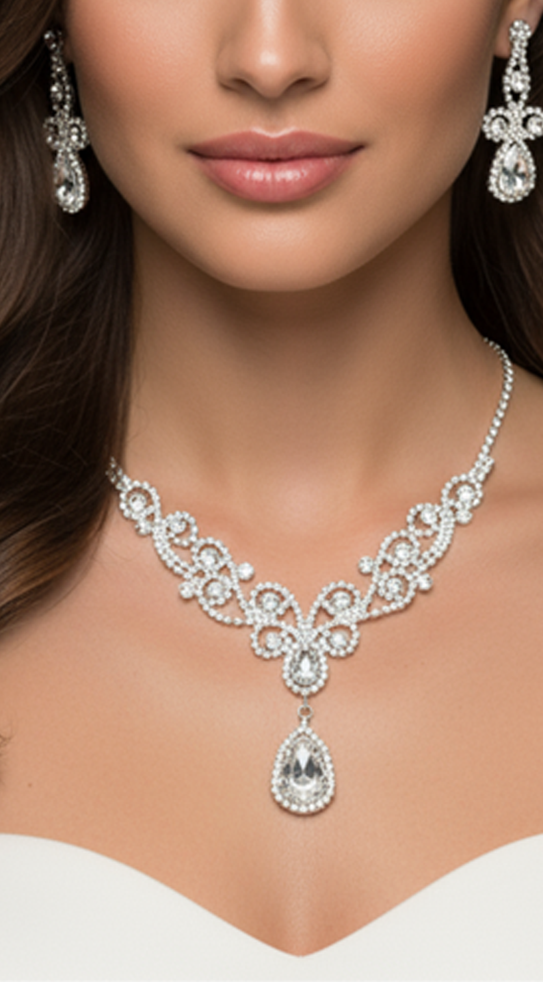 Confidence Silver Teardrop Crystal Rhinestone Vine Drop Collar Necklace & Clip on Earrings Set