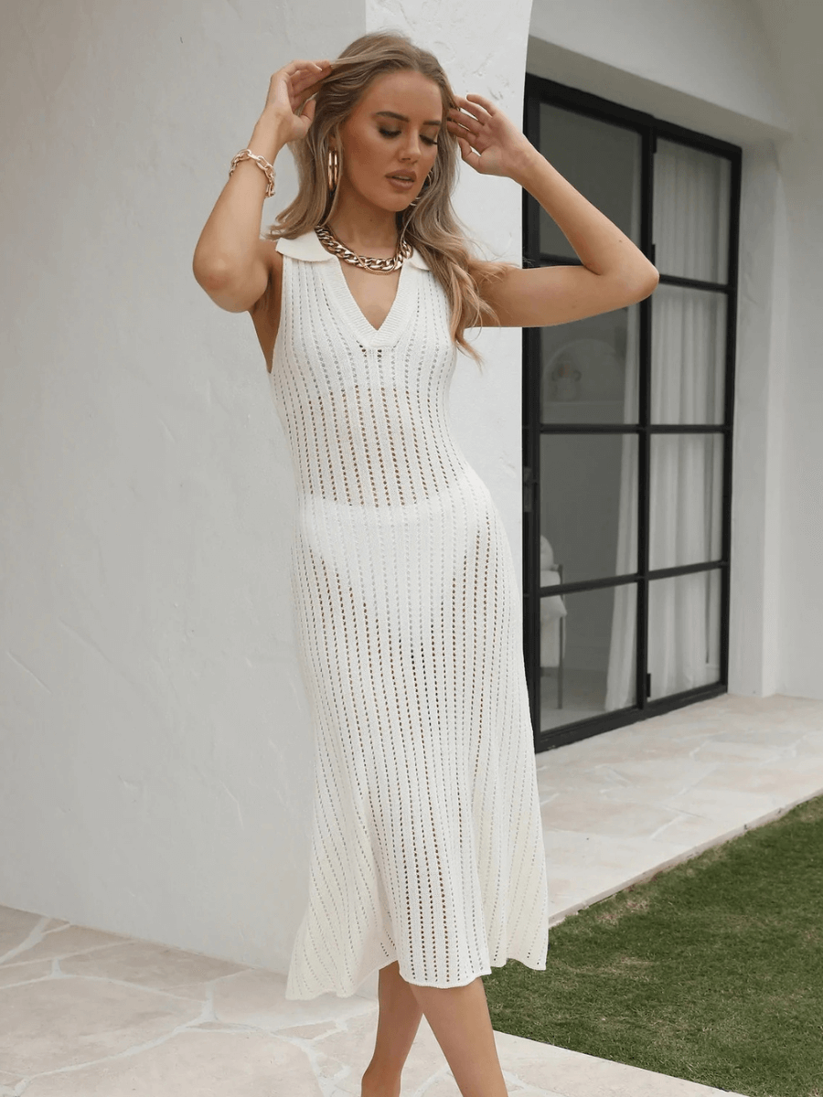 BENDITA PERFORATED KNIT COLLARED MIDI DRESS - CREAM
