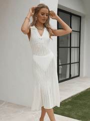 BENDITA PERFORATED KNIT COLLARED MIDI DRESS - CREAM