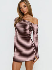 Adrietta Long Sleeve Off Shoulder Mini Dress Chocolate / Pink Stripe
