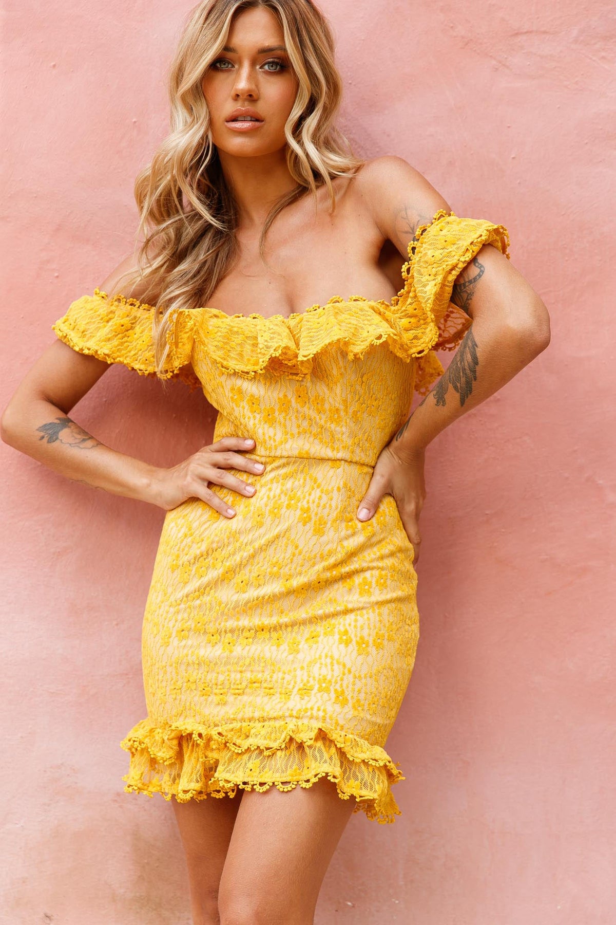Bobby Bardot Neckline Floral Lace Overlay Dress Mustard
