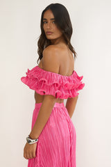 Amaria Off-Shoulder Lettuce Edge Crop Top Hot Pink
