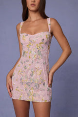 Embellished A-line Mini Dress in Soft Pink