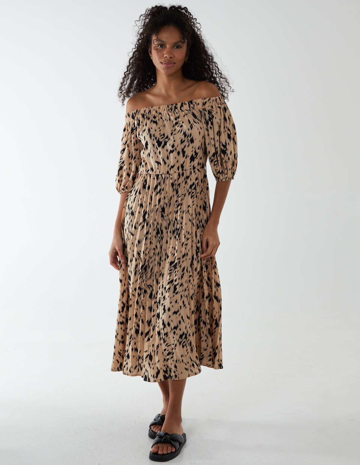 Bardot Midi Dress With Pleated Hem