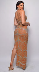 Alessandra Brown Rhinestone Maxi Dress