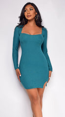 Arsenie Long Sleeve Sweater Ribbed Side Slit Mini Dress - Green