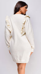 Juno Long Sleeve Ruffle Detail Sweater Mini Dress - Ivory