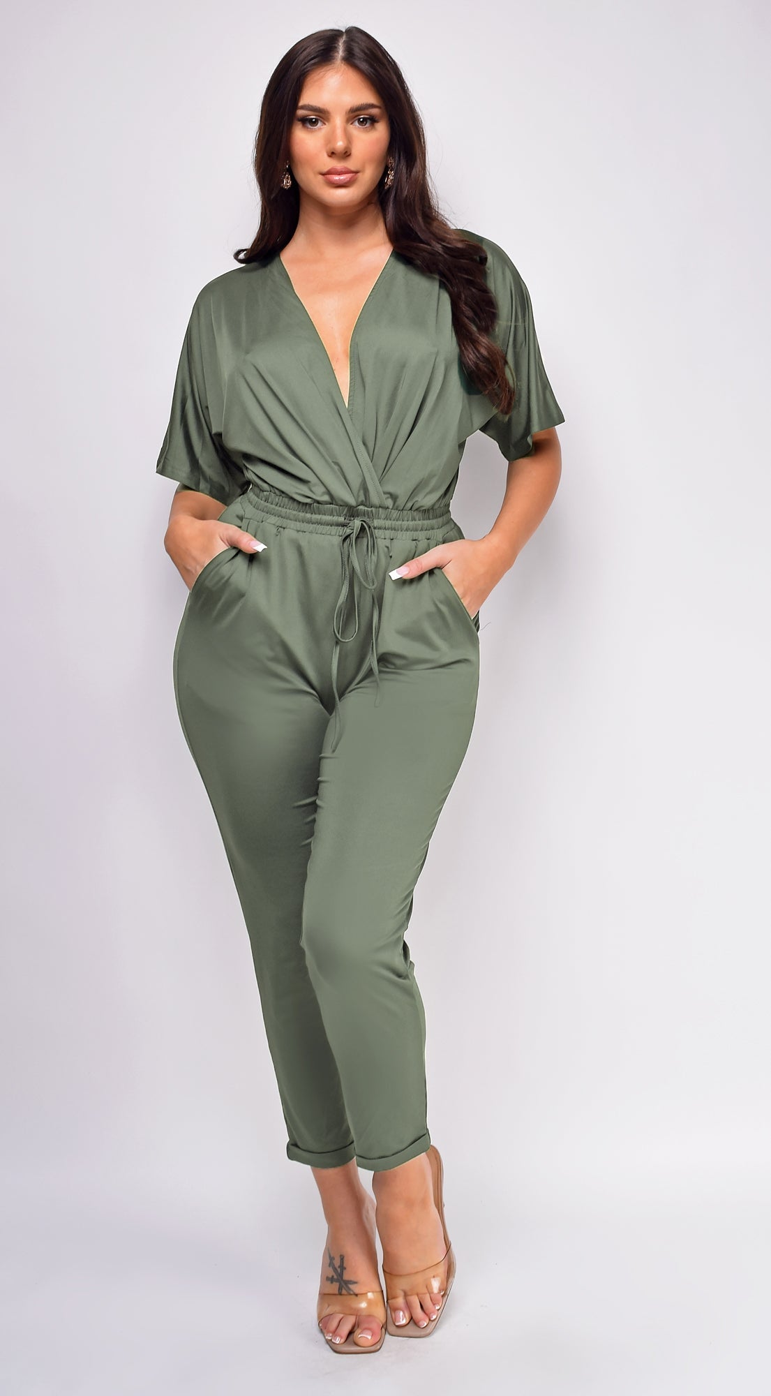 Lia Olive Green V Neck Jumpsuit