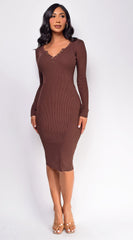 Aura Button Ribbed Midi Dress - Brown
