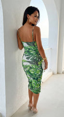Costa Aluna Mesh Tropical Print Midi Dress - Green