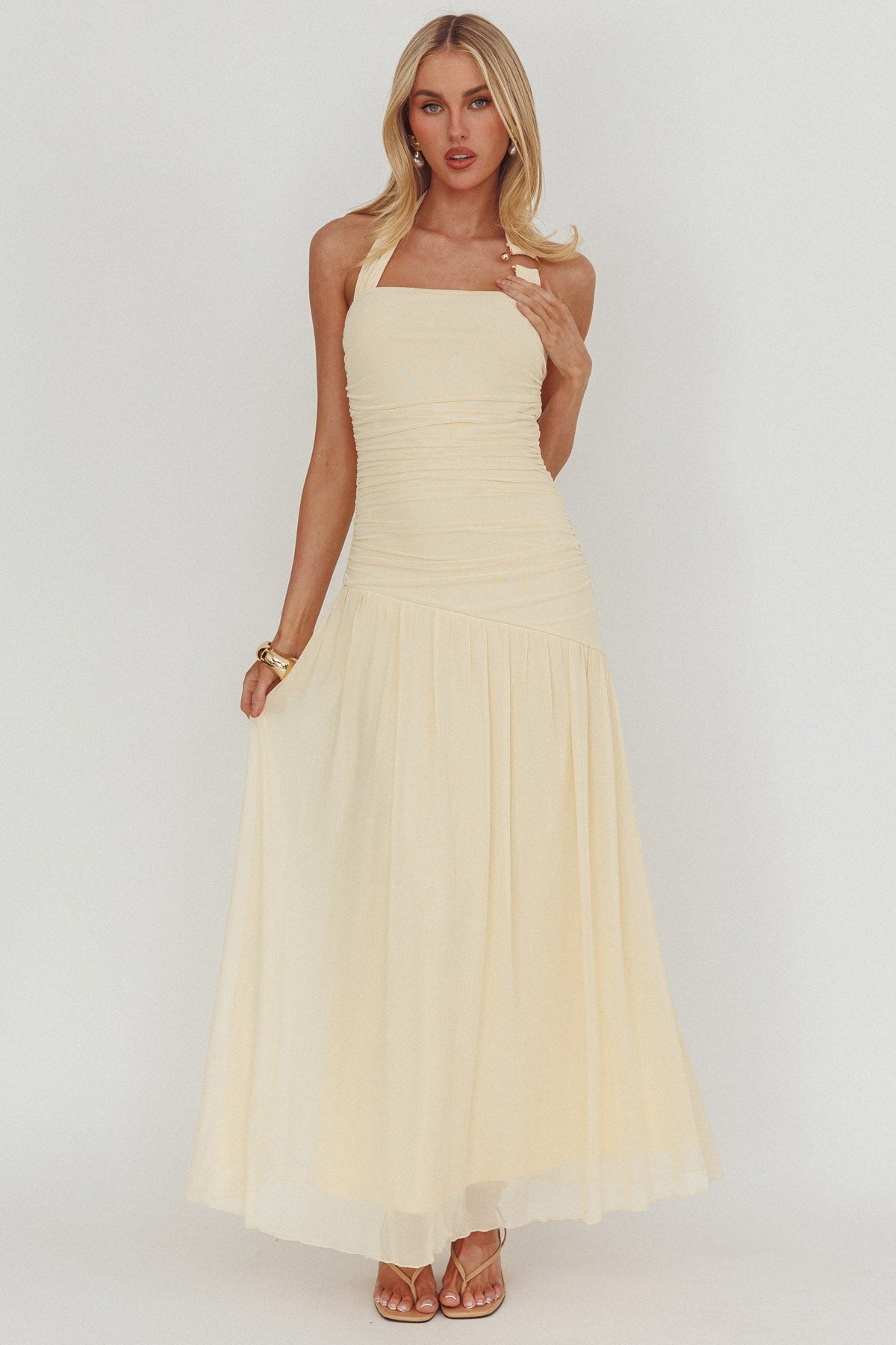 Azure Sun Halterneck Drop Waist Maxi Dress Yellow