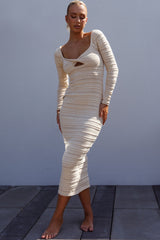 Beachside Crochet Knit Long Sleeve Midi Dress Oat