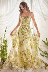 Andrea & Leo A0770 Spaghetti Strap with Organza Print Prom Dress