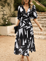 HIDDEN PASSAGE PRINTED MIDI DRESS - BLACK