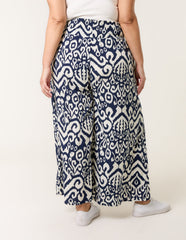 Curve Abstract Printed Shirred Waist Wide Leg Trousers