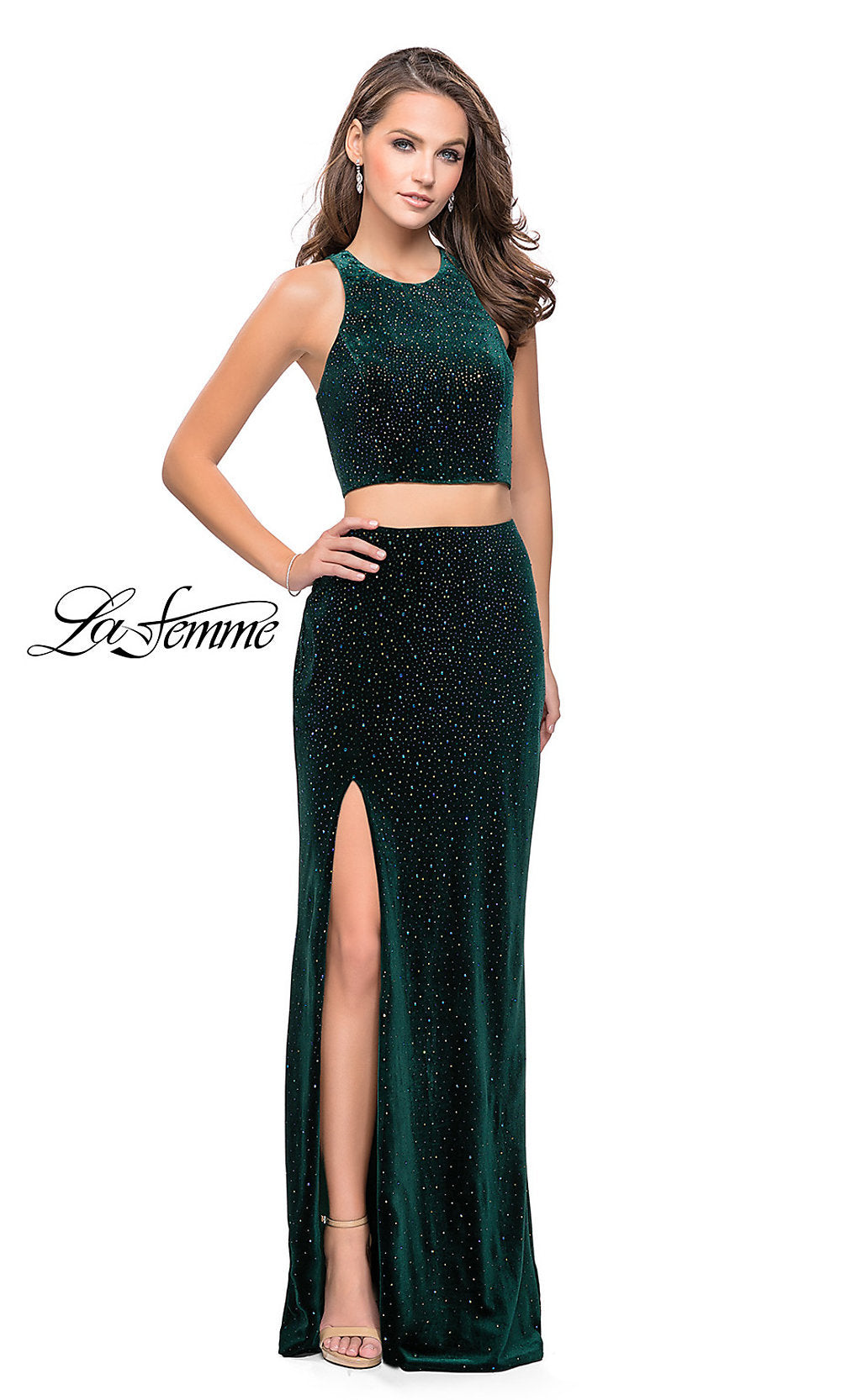 Open-Back Two-Piece Beaded Velvet Prom Dress